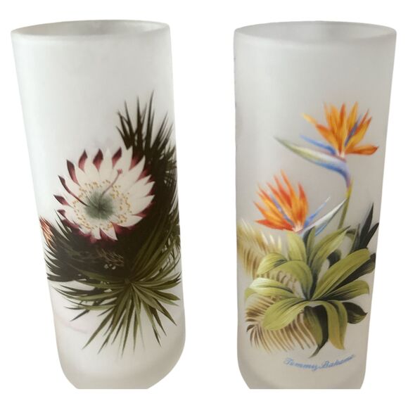 Tommy Bahama Tall Frosted Glasses Set Tropical Bird of Paradise Palm Highball - Picture 3 of 7